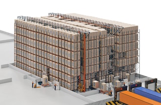 Automātisko pallet shuttle sistēmā kravas var ienākt un iziet ar konveijeru palīdzību priekšpusē un sānos Automātisko pallet shuttle sistēmā kravas var ienākt un iziet ar konveijeru palīdzību priekšpusē un sānos