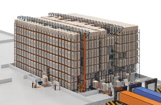 Automātisko pallet shuttle sistēmā kravas var ienākt un iziet ar konveijeru palīdzību priekšpusē un sānos