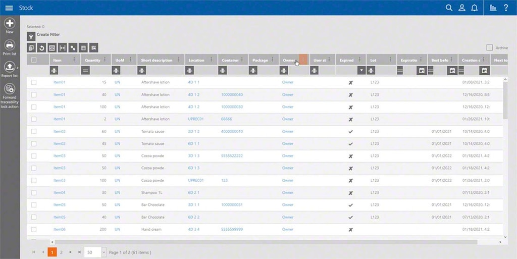 Easy WMS ekrānuzņēmums, kas atspoguļo noliktavā pieejamo krājumu sarakstu