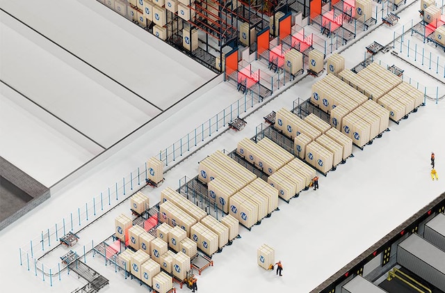 Elektriskā monorail sistēma sastāv no pašgājējiem transportieriem, kuri pārvieto paletes