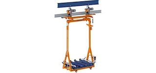 Virszemes transportieri pārvietojas gar sliedi, kas ir piestiprināta pie noliktavas griestiem