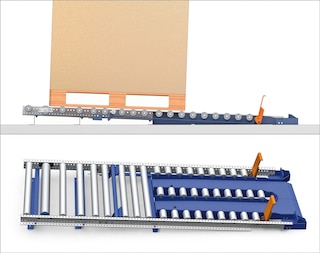 Gravitācijas plauktu kanāli grīdas līmenī sniedz iespēju izkraut preces, izmantojot palešu krautņotājus