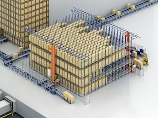 Gravitācijas plauktu sistēma ar kraušanas celtņiem abās ejās