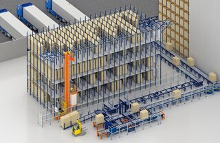 Gravitācijas plauktu sistēmas var apvienot ar automatizētiem risinājumiem, tādiem kā konveijeri un palešu kraušanas celtņi