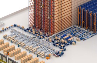 Dažās noliktavās konveijeri kastēm darbojas līdzās palešu konveijeriem