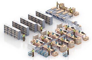 Rullīšu konveijers kastēm automatizē preču plūsmu noliktavās ar manuālas komplektēšanas plauktiem