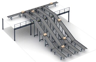 Lentes konveijerus kastēm var izmantot pasūtījumu šķirošanai un vairāku līmeņu savienošanai