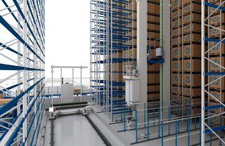 Eju nomaiņai palešu kraušanas celtnis izmanto pārejas tiltu