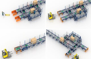 Palešu transportēšanas konveijers var integrēt ergonomiskas darbstacijas palešu komplektēšanai Palešu transportēšanas konveijers var integrēt ergonomiskas darbstacijas palešu komplektēšanai