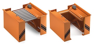 Hidrauliskās pacelšanas platformas ar rullīšiem paceļ kravas no grīdas līmeņa līdz transportēšanas konveijera augstumam