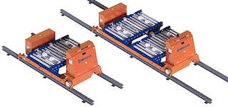 Pārvietošanas rati transportē paletes starp transportēšanas ķēdes starpposma punktiem