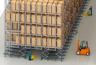 Pallet Shuttle ar tiešās paņemšanas palešu plauktiem apakšējos līmeņos Pallet Shuttle ar tiešās paņemšanas palešu plauktiem apakšējos līmeņos