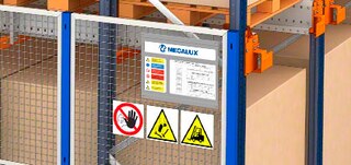 Drošības piktogrammas uz pallet shuttle plauktiem