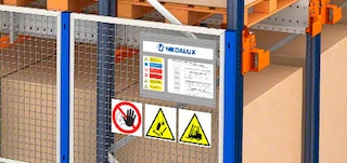 Drošības piktogrammas uz pallet shuttle plauktiem Drošības piktogrammas uz pallet shuttle plauktiem