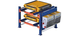 Sastatņu plauktā tiek glabātas un uzlādētas pallet shuttle vagonetes