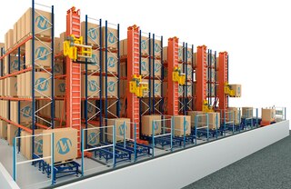 Trīsceļu automatizētie kraušanas celtņi ir ideāls automatizācijas risinājums palešu plauktiem ar zemiem griestiem